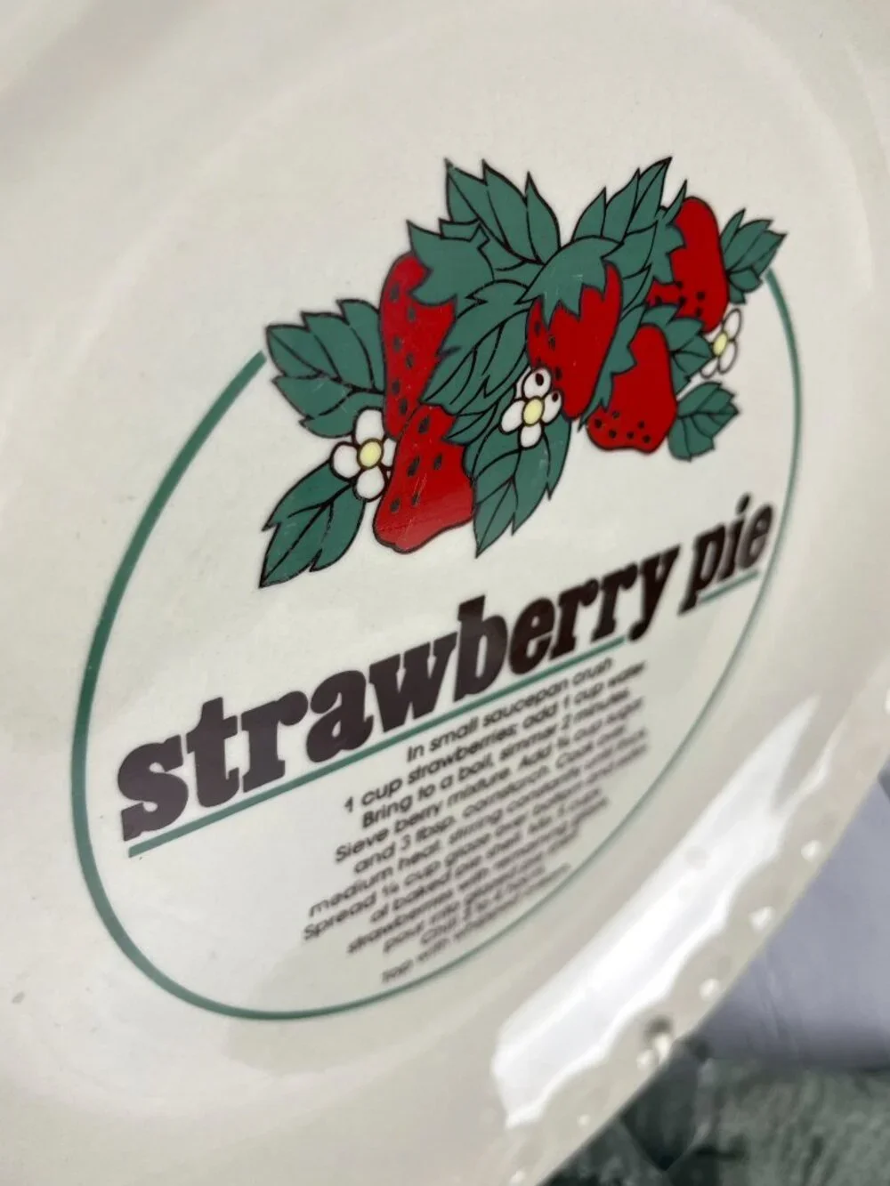 Vintage Strawberry Pie Recipe Ceramic Pie Plate 10”